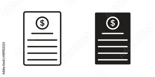 Document with dollar sign and lines icon representing financial papers or invoice with outline and solid fill black icon on white background