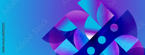 Abstract shapes overlap, creating vibrant blue, purple gradients. Modern design suggests technology, innovation, energy. Smooth transitions define composition.