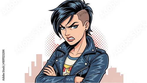 Confident female character illustration in urban setting with cityscape background and edgy attitude