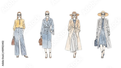 Four women walking in stylish outfits and hats from a front viewpoint