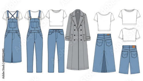 Fashion illustration of various clothing items including denim and coats displayed together