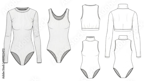 Fashion illustration showcasing various bodysuit designs from multiple viewpoints