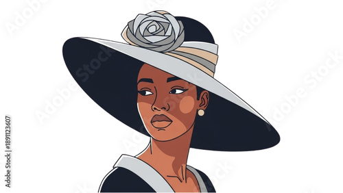 Illustration of a woman wearing a large hat with a flower decoration, showcasing elegance and sophistication