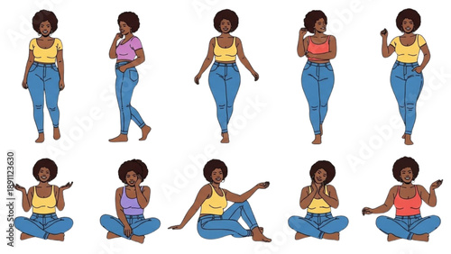 Woman in various poses and outfits sitting and standing on a white background