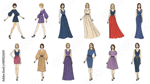 Fashionable women in various dresses and outfits showcasing different styles and poses in illustrations