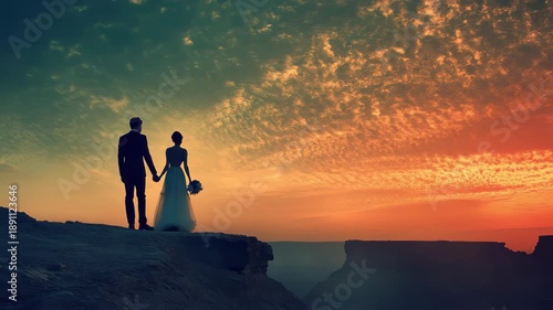 Couple holds hands during sunset in desert landscape showcasing their love in a breathtaking natural setting