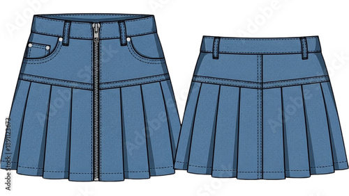 Illustration of a blue denim skirt with zipper and pockets from front and back views