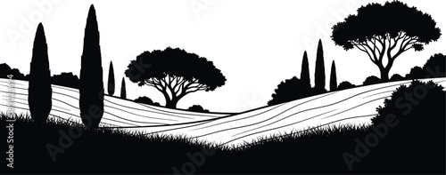 Black and white landscape with rolling hills and tall trees nature