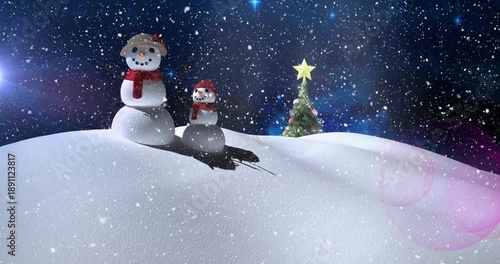 Animation of shooting star over snowmen and christmas tree in winter scenery