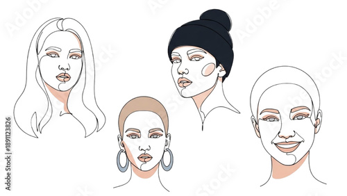 Diverse women's faces illustration showcasing various hairstyles and beauty standards