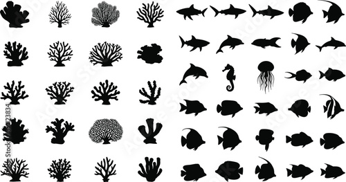 Black silhouettes of various marine life and coral on white background fish shark