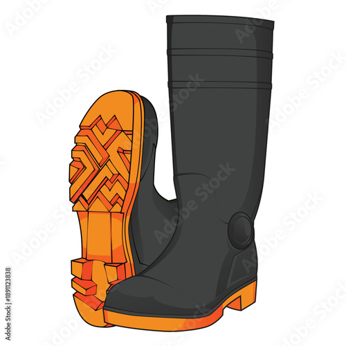 Black industrial safety rubber boots isolated on white background. Heavy duty protective footwear with high visibility orange sole. PPE workwear for construction, mining, and factory worker.