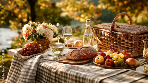 picnic blanket with basket fruits