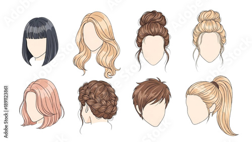 Collection of various hairstyles on faceless heads displayed from different viewpoints