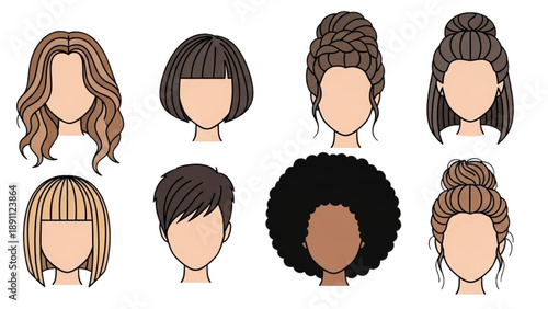 Diverse hairstyles collection featuring various styles and textures on different faces