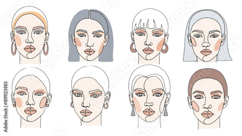 Diverse Female Faces Illustrated in Various Styles and Accessories