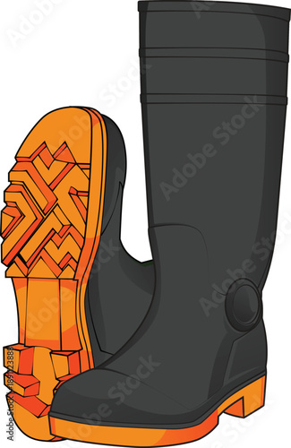 Black industrial safety rubber boots isolated on white background. Heavy duty protective footwear with high visibility orange sole. PPE workwear for construction, mining, and factory worker.