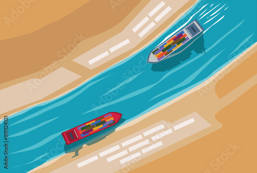 Ship passes through suez canal that connects Mediterranean Sea and Red Sea. Editable Clip Art.