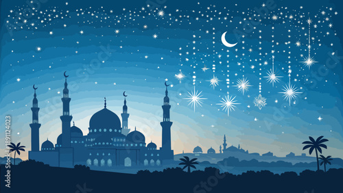 Ramadan kareem vector scene with illuminated mosque at night under starry sky and crescent moon