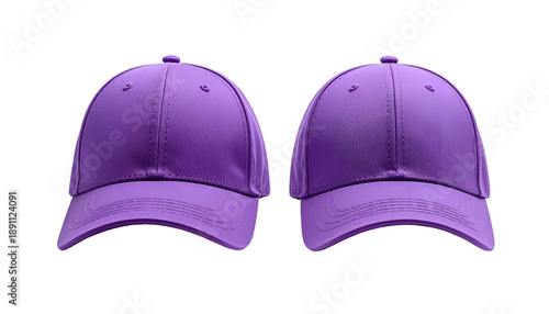 Two identical, vibrant purple baseball caps, front view, isolated against a black background
