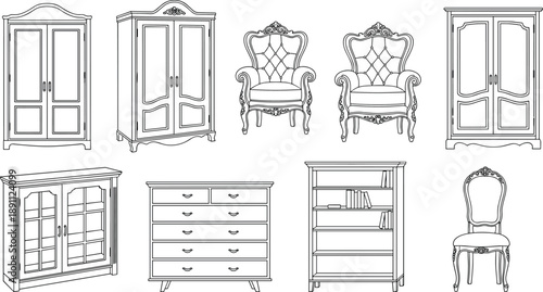 Vintage Furniture Line Set Including Wardrobes Chairs and Dresser line wardrobe cabinet