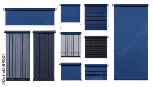 Collection of window coverings in various shades of blue and gray, showcasing different styles