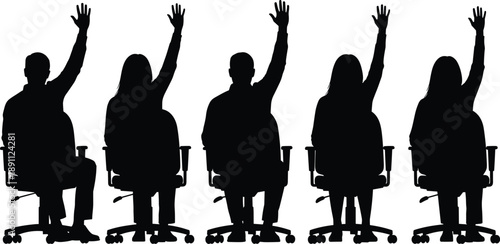 Five people sitting in office chairs with hands raised in silhouette black and white