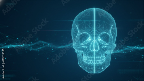 Human skull rendered as glowing data in a modern medical technology interface