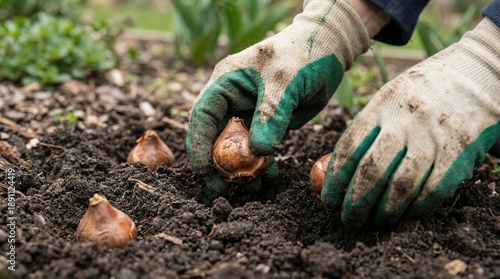 Gloved hands planting tulip bulbs in soil during spring gardening  