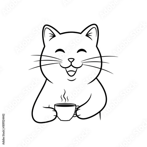 A smiling cartoon cat holding a steaming cup of coffee