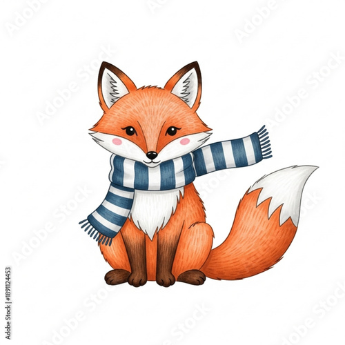 Adorable cartoon fox wearing a blue and white striped scarf sitting