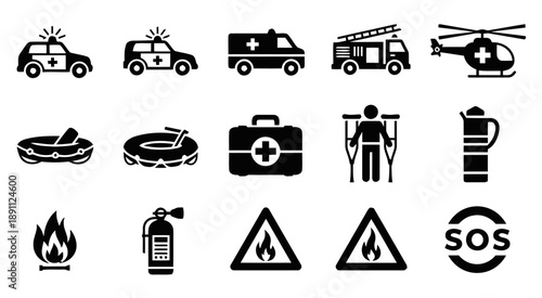 Emergency services and safety icons in black silhouette, including police car, ambulance, fire truck, helicopter, first aid kit, and SOS sign