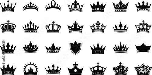 Elegant array of crown icons signifying royalty and authority, diverse regal headwear designs for heraldry and prestige themes, classic silhouette vector emblems.