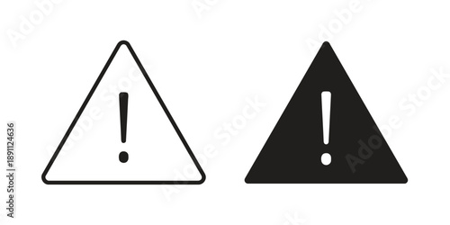 Exclamation mark in triangle warning sign icons, outline and solid black, symbolizing alert or danger for safety notices