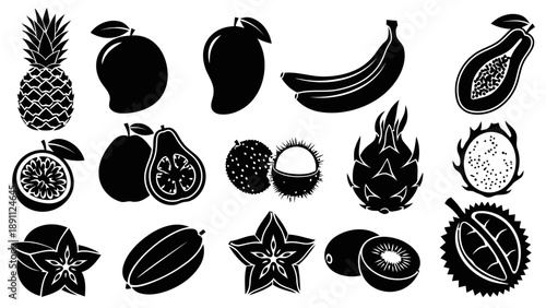 Exotic tropical fruits collection in silhouette including pineapple mango banana papaya dragon fruit star fruit and durian for healthy eating and natural product design