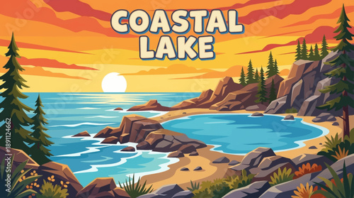 cartoon coastal lake lies near the ocean shoreline vector illustration, merging freshwater calm with marine elements to create a unique and visually rich coastal landscape composition