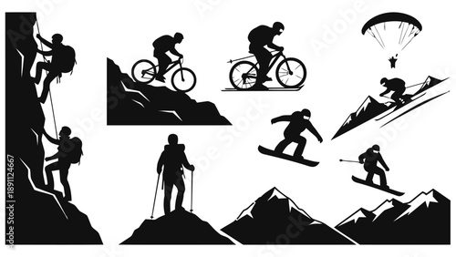 Extreme outdoor sports and adventure silhouettes including rock climbing mountain biking paragliding skiing snowboarding and hiking representing peak performance and challenging activities