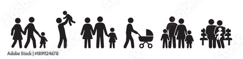 Family icons set representing diverse family units with parents, children, and babies in various everyday activities and interactions on a clean white background