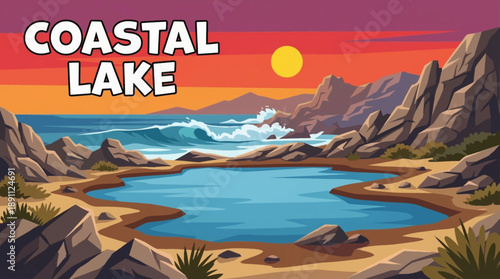 cartoon coastal lake lies near the ocean shoreline vector illustration, merging freshwater calm with marine elements to create a unique and visually rich coastal landscape composition
