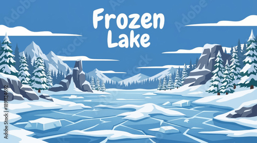 frozen lake spans a winter wilderness scene, showcasing ice textures, snow covered surroundings, and seasonal stillness popular for winter and holiday content
