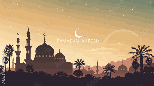 Ramadan kareem vector illustration with glowing sky mosque silhouette and palm trees at sunset