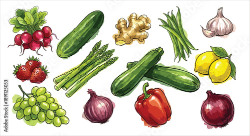 Hand-drawn watercolor vegetables and fruits illustration collection, isolated on white background