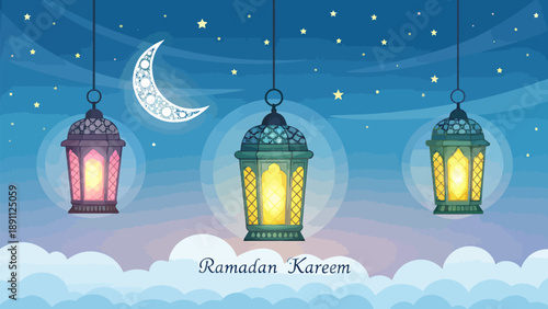 Ramadan kareem vector illustration with glowing lanterns and crescent moon in night sky with stars