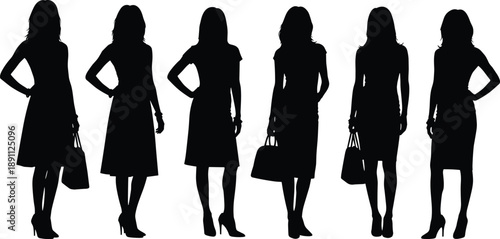 Silhouettes of six women in dresses holding handbags standing with one arm on hip