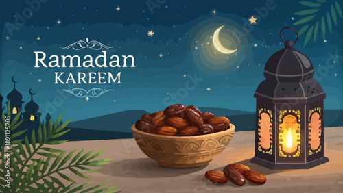 Ramadan kareem vector illustration with dates bowl and lantern in night sky with crescent moon and stars