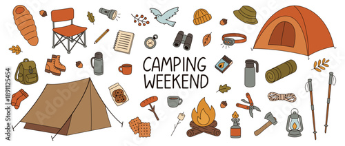 Camping season objects set isolated on white background. Doodle style