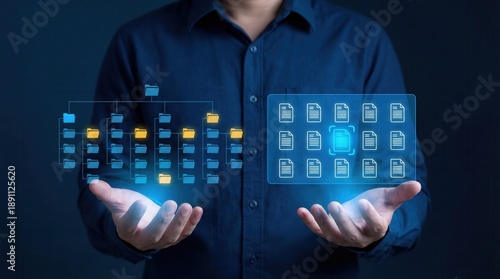 A person in a dark blue shirt holds two glowing digital interfaces One displays a hierarchical file folder system the other shows a grid of documents with a highlighted s