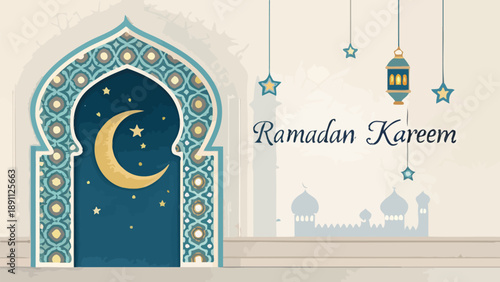 Ramadan kareem vector design with crescent moon arch doorway and lanterns hanging