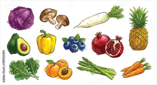 Hand-drawn watercolor vegetables and fruits illustration collection, isolated on white background