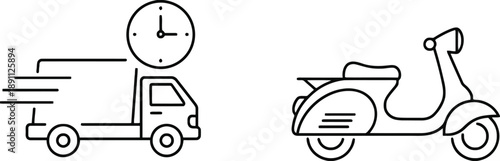 Fast delivery truck with clock symbol and scooter, icons representing logistics, shipping, transportation, and courier services for e-commerce and business